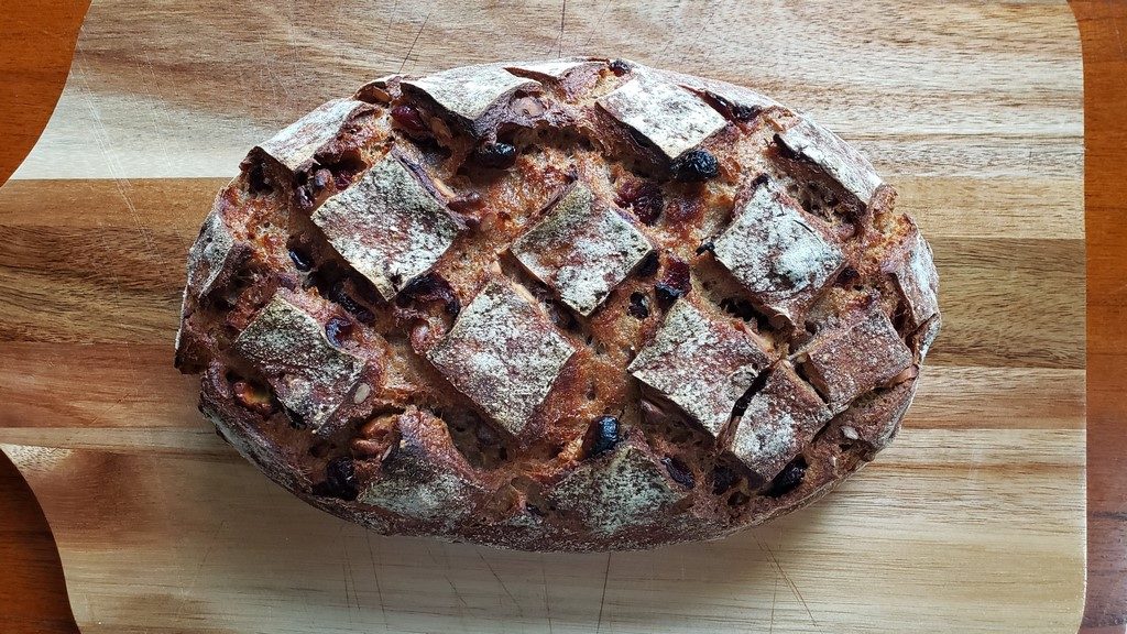 Three different, deliciously balanced whole grain wheat flours, filling and tasty walnuts, and bursts of sweet dried cranberries make this bread an awesome choice for breakfast or snack.