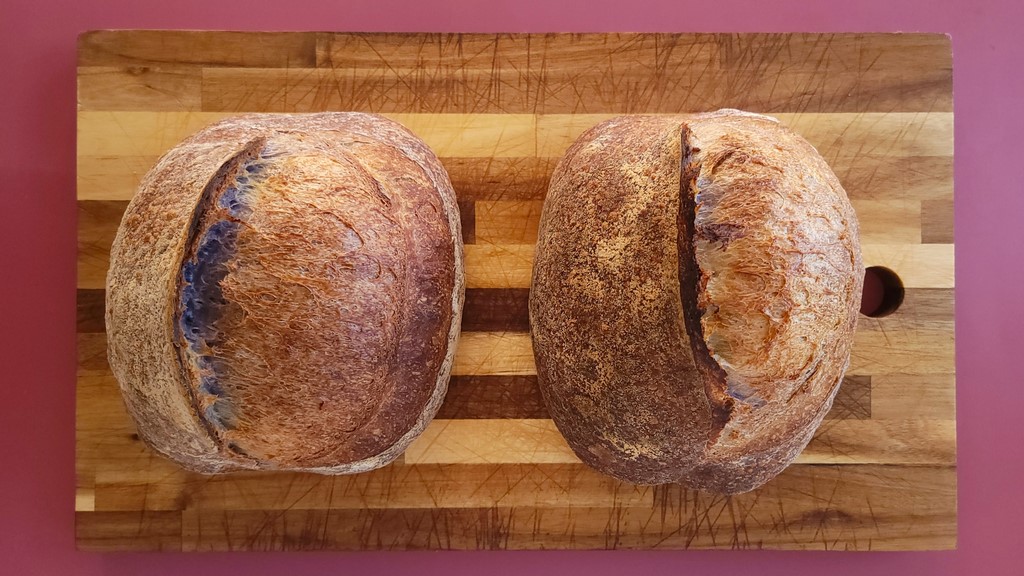 We experiment with “double scoring” which is a technique meant to increase the “bloom” (or opening) of the loaf during baking. With this technique you score normally before the dough goes into the oven, and then again 5-7 minutes into the bake.